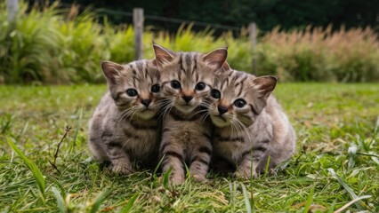 Obraz premium Three kittens are sitting on top of each other in the grass, AI