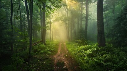 Sunbeams Through the Foggy Forest