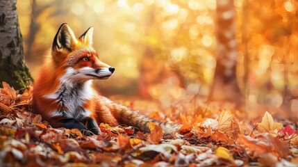 Fototapeta premium Red Fox in Autumn Forest with Golden Light