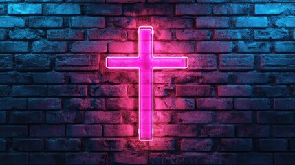 Neon pink and purple Christian cross glowing on a rugged brick wall background. The contrast between the modern neon light and the rustic bricks emphasizes the theme of faith and modernity.