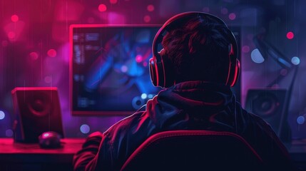 A man is sitting in front of a computer monitor with headphones on