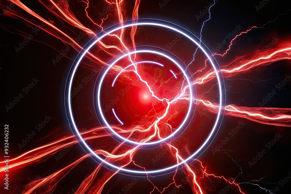 Poster electric red holographic plasma with dynamic lightning circle in dark space background