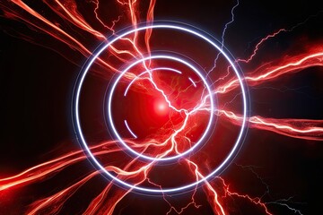 Obraz premium Electric Red Holographic Plasma with Dynamic Lightning Circle in Dark Space Background