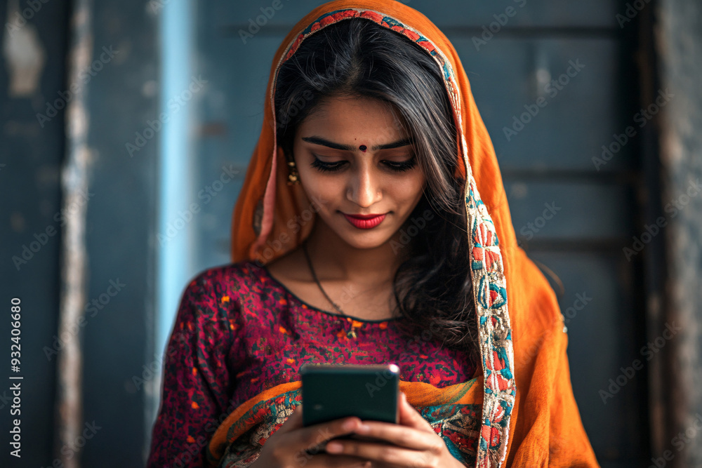 Wall mural a young indian woman using a smartphone in a modern digital lifestyle