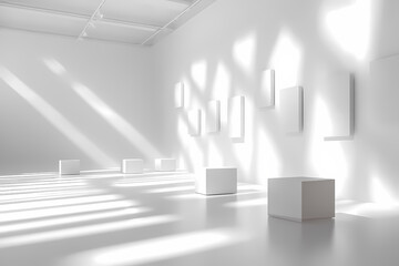 Modern minimalist art gallery interior with light and cube shapes.