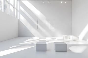 Fototapeta premium Modern minimalist art gallery interior with light and cube shapes.