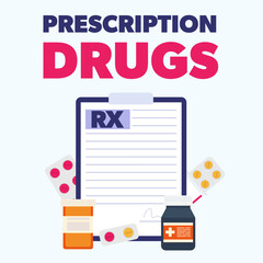 Prescription drugs. Medical form for medicine. Clipboard with pill bottle, blister pack, orange vial and text. Patient receipt. Modern vector illustration.