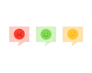 Happy and sad emoji face speech bubble icon set. Customer feedback, rating, emotion, evaluation, opinion, experience concept. Flat vector design isolated illustration.