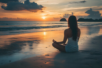 Fototapeta premium Back view of woman practicing yoga on the beach