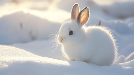 A white rabbit sits in the snow with the sun shining behind it.