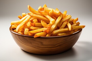 French fries in an isolated wood bowl over white background., generative IA