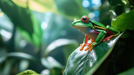 Red Eyed Tree Frog Sitting on a Green Leaf in a Rainforest