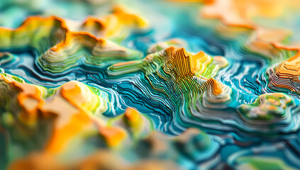 Close-up of an intricate digital map showing vibrant terrain features