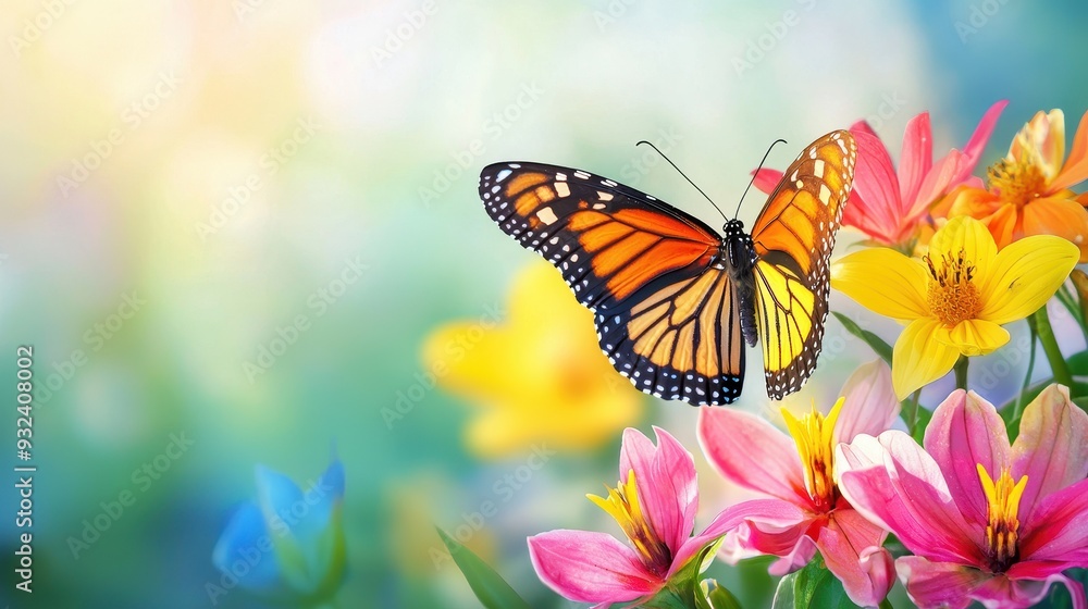 Poster colorful butterfly on flowers with blurred background