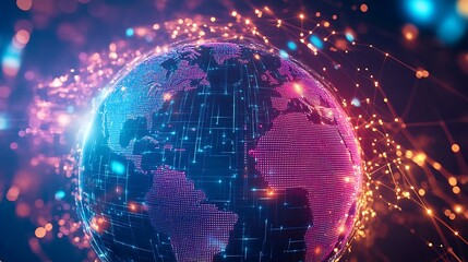 Fototapeta premium Close-Up of a Globe Surrounded by Digital Technology Elements on a Modern Workspace