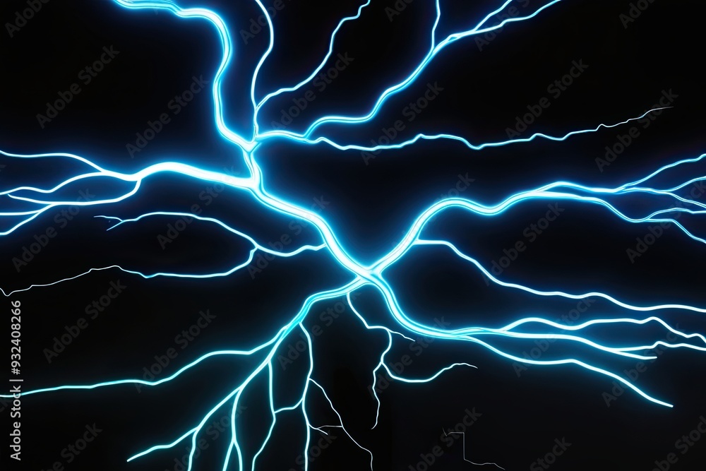 Poster dynamic neon cobalt plasma hologram with electric lightning effect on black background