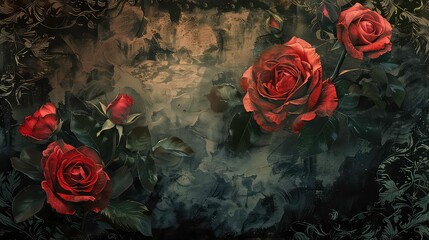 A dark background with three red roses, one rose bud, and green leaves. The background has a painted texture.