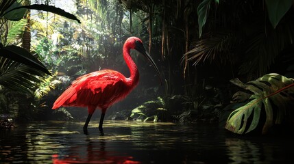 Scarlet Ibis Bird Standing in Tropical Jungle Water
