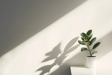 Minimalist white wall decor with subtle plant and shadows