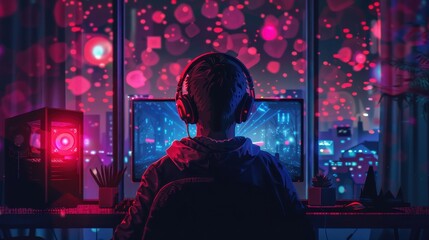 Obraz premium A boy is sitting in front of a computer with a headset on