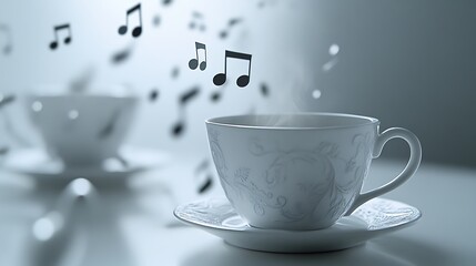 Fototapeta premium A white teacup with steam and musical notes floating above it, representing the relaxing and enjoyable experience of listening to music while drinking tea.