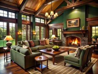 Cozy retreat featuring traditional charm, organic materials, and earthy tones of deep green and warm brown, complemented by aged wood accents.