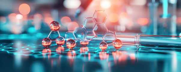 Chemical structure, holographic inorganic compound analysis, futuristic laboratory tools