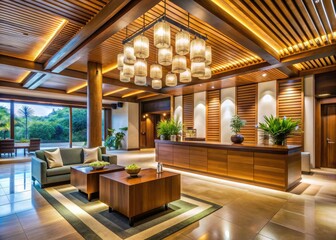 Luxurious wooden accents adorn the elegant reception area of a high-end resort, exuding warmth and sophistication in a serene, natural atmosphere.