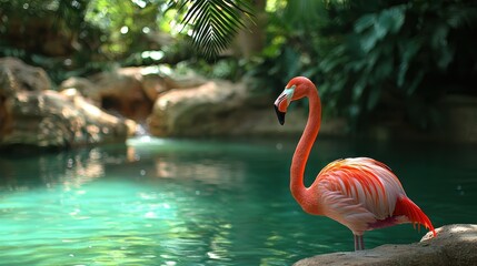 Fototapeta premium Pink Flamingo Standing by a Pond with Lush Green Foliage