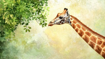Obraz premium Giraffe Neck and Leaves Watercolor Painting