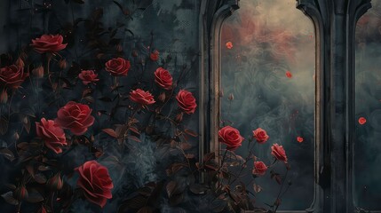 A dark and moody image featuring a gothic window with ornate framing. Vines with red roses grow up the walls and outside the window, which is filled with a swirling, smoky mist.