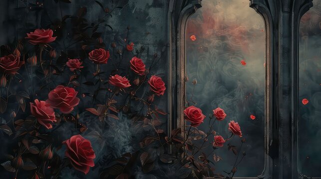 A dark and moody image featuring a gothic window with ornate framing. Vines with red roses grow up the walls and outside the window, which is filled with a swirling, smoky mist.