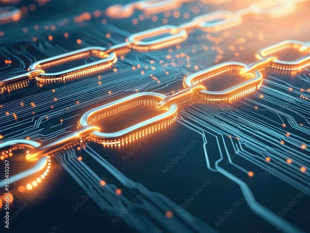 Poster a close-up view of a digital chain link on a glowing circuit board, symbolizing blockchain technolog