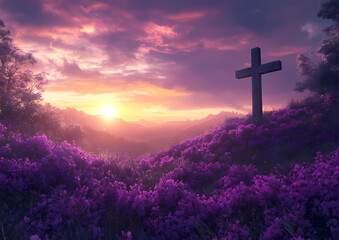 {Dramatic Sunrise with Cross Surrounded by Purple Flowers}: