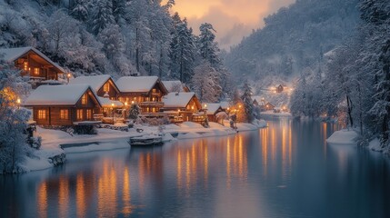 Obraz premium Winter Wonderland: Cabin Reflections in a Snowy Forest