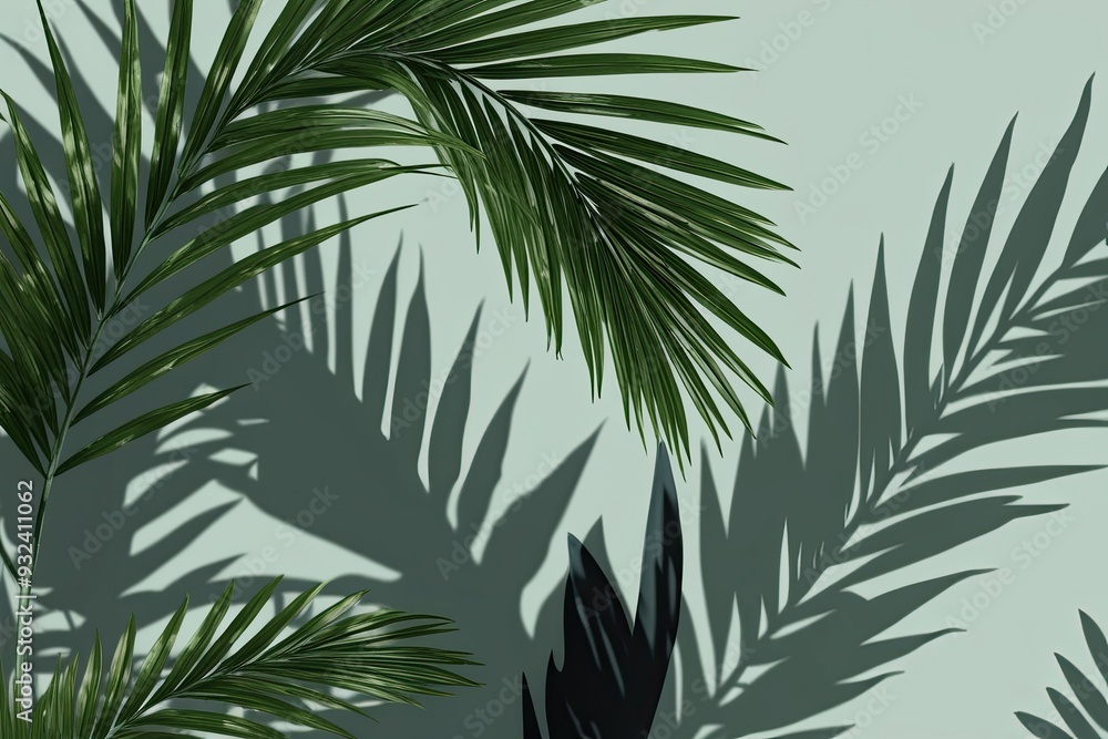 Poster tropical shadow overlay effect with palm leaf silhouettes and 3d rendering techniques