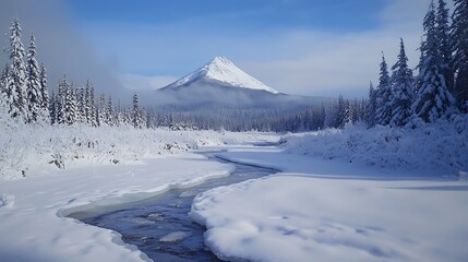 Obraz premium A winding river flows through a snowy landscape, with a snow-capped mountain in the distance.