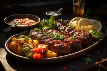 Kebab dish with potato kebab and vegetables tikka lula, generative IA