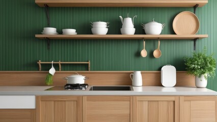 Green wall paneling with wooden shelves in the kitchen space