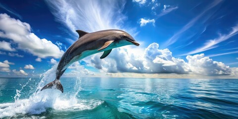 Fototapeta premium Magnificent dolphin breaches the turquoise Mediterranean Sea's surface, its sleek body arcing in a joyful, sun-kissed leap, set against a brilliant blue sky with puffy white clouds.