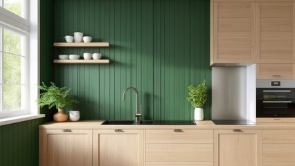 Green wall paneling with wooden shelves in the kitchen space