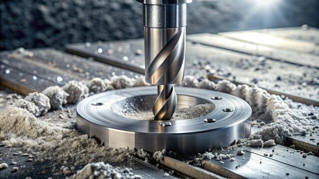 Magnified shot of a diamond-coated metal saw, end mill or drill bit cutting a precise hole in a rough concrete slab, industrial construction background.