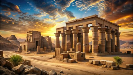 Fototapeta premium Majestic ancient Egyptian temple ruins stand tall amidst the vast desert landscape, with intricate hieroglyphics and pillars telling stories of a forgotten civilization.