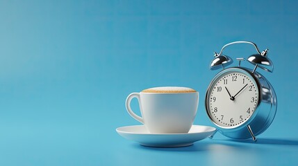 Fototapeta premium A classic alarm clock paired with a cappuccino cup on a blue background, capturing the essence of a fresh morning. The scene exudes warmth, alertness, and the comfort of a daily coffee habit