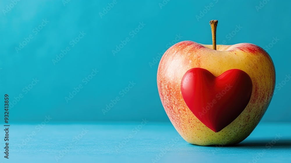 Poster A close-up image of a cheerful apple with a heart organ nearby, set against a blue studio background, symbolizing the benefits of a diet rich in fruits for maintaining heart health.