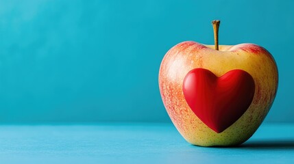 Obraz premium A close-up image of a cheerful apple with a heart organ nearby, set against a blue studio background, symbolizing the benefits of a diet rich in fruits for maintaining heart health.