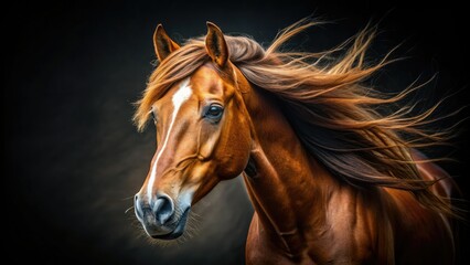 Fototapeta premium Majestic brown horse's head in close-up, gleaming eyes and flowing mane captured in high-contrast black and white photography, symbolizing freedom and elegance.
