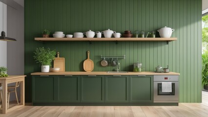 Green wall paneling with wooden shelves in the kitchen space