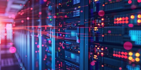 Obraz premium Detailed View of Hardware Installations and Upgrades in Server Racks and Motherboards within a Data Center Environment