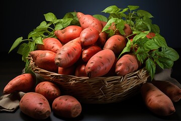 Superior View Red Sweet Potato in the Basket, Flat Lay Foods Crus Exposure on Gr, generative IA